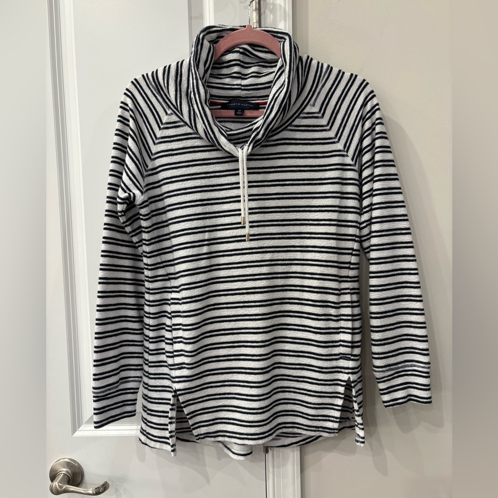 Tommy Hilfiger Navy and White Striped Sweatshirt Cowl Neck